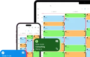 Display of a booking application: on the right, a laptop screen shows a calendar with selected dates, availability indicators, and booking details; on the left, the mobile app adapts the same booking flow with quick actions and a confirmation button for a streamlined experience.