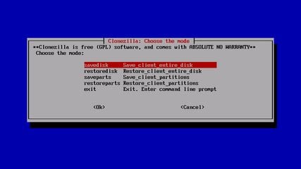 Choices to save or restore partition or disk in clonezilla