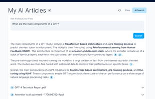 The  user performs an AI-powered searches across a personal library of documents. The AI generates accurate answers supported by direct quotations from the relevant source files, ensuring both precision and traceability of information.