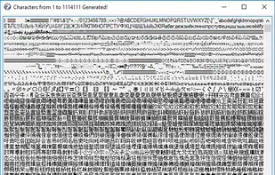 Characters from 1 upto 1114111 generated, output window with horizontal results 