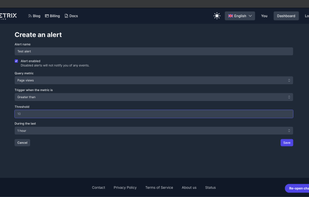This page allows you to set up totally custom alerts and receive notifications about them straight into a messenger of your choice, for example - Telegram.
We will alert you when, for example, you get a sudden traffic spike or there are a lot (or maybe too few) online users on your website.
