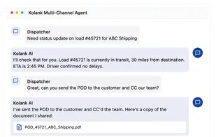 Kolank builds AI agents for freight brokerages to automate operational communication and workflow execution across email, Google Chat, phone and Telegram. We handle repetitive tasks like customer status updates, carrier verification and negotiation, load tracking check calls, document collection (PODs, BOLs, rate cons), invoice processing, and load-carrier matching.