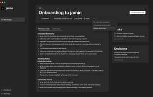 This picture displays the interface of meeting notes. Tasks, Decisions, a transcript and a summary are showcased.