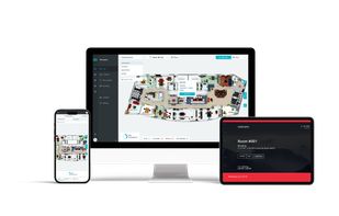 YAROOMS interactive office map, mobile app, and room panel. 