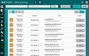 DNS Query Log
DNS Query Log contains a record of all the DNS requests made by systems on your network. You can find out how many sites were blocked for a particular reason, or you can look back through a line-by-line detailed log listing the activity of a particular system.
The DNS Query Log has convenient shortcuts to block/allow a particular site. You can also submit sites you believe to be tracking, so the wider community of users can benefit.