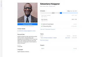 Find mission-critical information for each of your colleagues: contact details, workspace location, availability, schedule, vacations, and business trips.