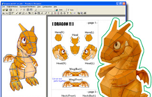 A screenshot of Pepakura Designer and an assembled dragon papercraft.