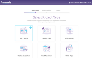 The Compose.ly interface. Select from six project types.