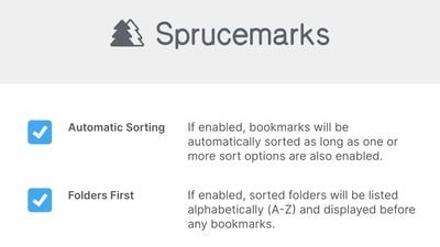 The Sprucemarks logo and two options. Automatic Sorting and Folders First.