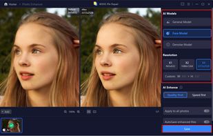 Enhance low-quality video: select AI mode and adjust resolution