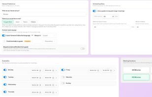 MeetWithMe lets users manage their entire scheduling workflow from a single dashboard. Define when guests can book you, set minimum notice and booking limits, control meeting durations, choose video platforms, and personalise assistant behaviour. Built to reduce scheduling friction and prevent last-minute chaos.