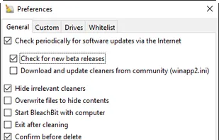 BleachBit 1.9.3 on Windows 10 showing the Preferences dialog