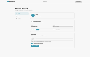 PocketStarter includes templates for user account management, including profile edits, account deletion, and billing.
