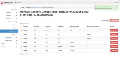 Security Groups page. Openstack Horizon dashboard.