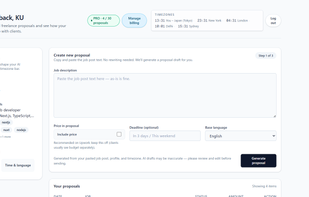 Dashboard — create and manage proposals with your profile and tone settings.