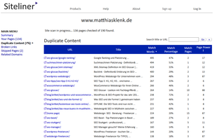 View of duplicate content with URL, Title, Match Words, Match Percentage, Match Pages and Page Power