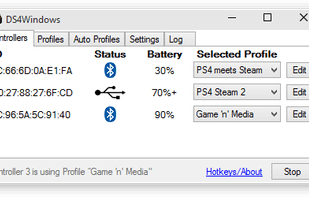 Overview connections for multiple gamepads, USB or Bluetooth, with battery levels and settings profiles