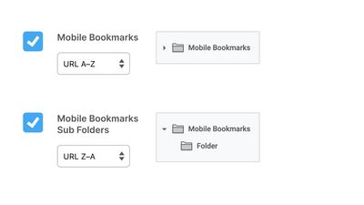 Two Mobile Bookmarks sort options. One option showing a URL A-Z sort and the other showing URL Z-A.