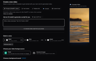Start creating videos with any text, URL, or with a prompt. Customize your voice narration and footage style and generate videos in seconds.