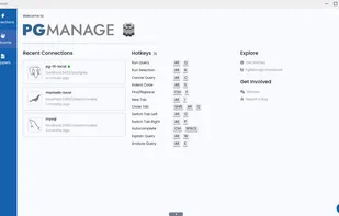 Welcome Screen with recent DB connections and hotkey hints