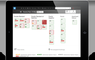 The room plan display shows room type, housekeeping status, notes and expected arrival/deaprtures.