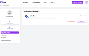 The user dashboard, with multiple features as bookmark, review and softwares owned by the user