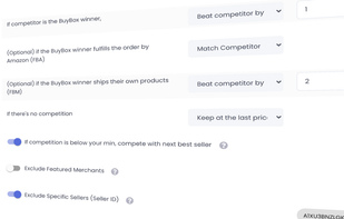 If you have a listing with many competitor sellers, you can use this rule to keep the Buy Box and SaleDrum™ will adjust the price when there's a change in your competitor's pricing.
Filter out any competitor sellers by their FBA status, ratings, dispatch time, and shipping countries. You can even specify seller ids that you want to exclude from the competition.