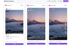 Preview your content across multiple formats instantly — Post, Story, and Reel layouts in one screen. Test safe zones, captions, elements, and export in the correct sizes with a single click.