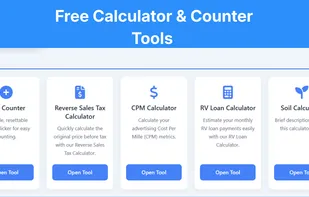 "Free calculator and counter tools section featuring tally counter, reverse sales tax calculator, CPM calculator, RV loan calculator, and soil calculator.