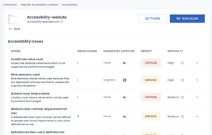 Detailed overview of all accessibility issues in the ExcellentWebCheck dashboard