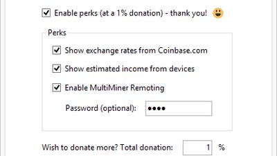 Configure Perks
Enable perks to donate 1% of your hashrate to the author of MultiMiner and enable advanced features.