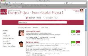 The TeamPulse Ideas & Feedback Portal is an HTML-based platform for capturing external project feedback. The portal allows you to expose items from TeamPulse so that your customers can vote or comment on them, helping you prioritize the things that bring the most value. The portal also allows external users to submit new items like feature requests, problems, ideas or general feedback and pipe the data into TeamPulse. 
