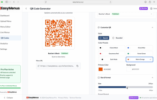 QR code generator with custom branding - color presets, size options, and publishing dashboard for restaurant menu management.