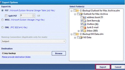 Export select mails or mailbox folders into PST , EML or MSG file format .