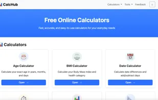 CalcHub - Home page showing the menu options and available calculators