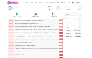 Detailed plagiarism report showing percentage of unique and plagiarized content, sentence-wise highlights, matched sources, and readability statistics for in-depth content analysis.