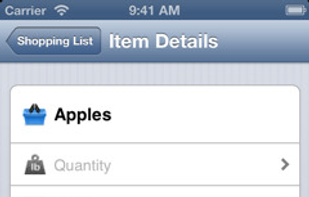 Tapping the disclosure button on a shopping list item shows the details of such item. One can add quantity, notes, mark the item as bought or move it to another shopping list.