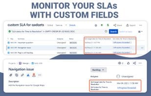 SLA Statuses in Graphs View
Get chart views about exceeded, met, and in-progress issues.

?opy JSON URL for any SLA chart and use it as a source for external clip builders (e.g., Klipfolio, Geckoboard).