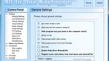 All In One Keylogger Settings screen.