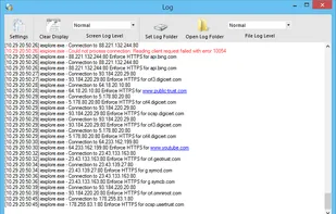 Log window provides a detailed information about the network events and errors.