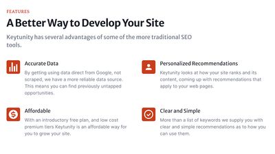 Keytunity offers an affordable, simple, clear way to grow your site with recommendations not seen elsewhere.
