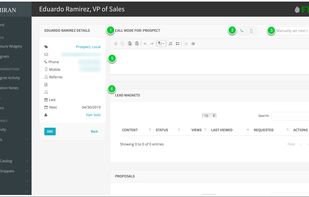 1. Call Mode makes it easy to get through sales calls.
2. Call from your computer (if you have telephony enabled) or access directly from your phone's browser.
3. Manually set the next date based on your conversation, or if you go to voicemail.
4. Skip a contact, for example if it's still too early on the West coast.
5. Enter your notes from the conversation. You'll be able to search them when creating proposals.
6. See past history with this contact, including Lead Magnets, proposals, and past conversations.