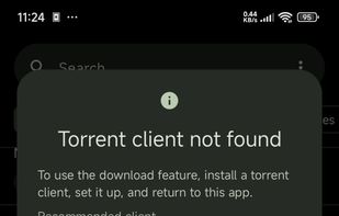 Dialog showing torrent client not found message and guides