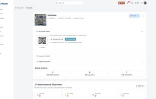 Digital profile per asset: manuals, certificates, logs, maintenance. Open from the equipment list or by scanning the asset’s QR code.