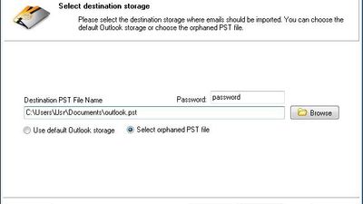 Destination storage – Orphaned Outlook PST Storage file selected