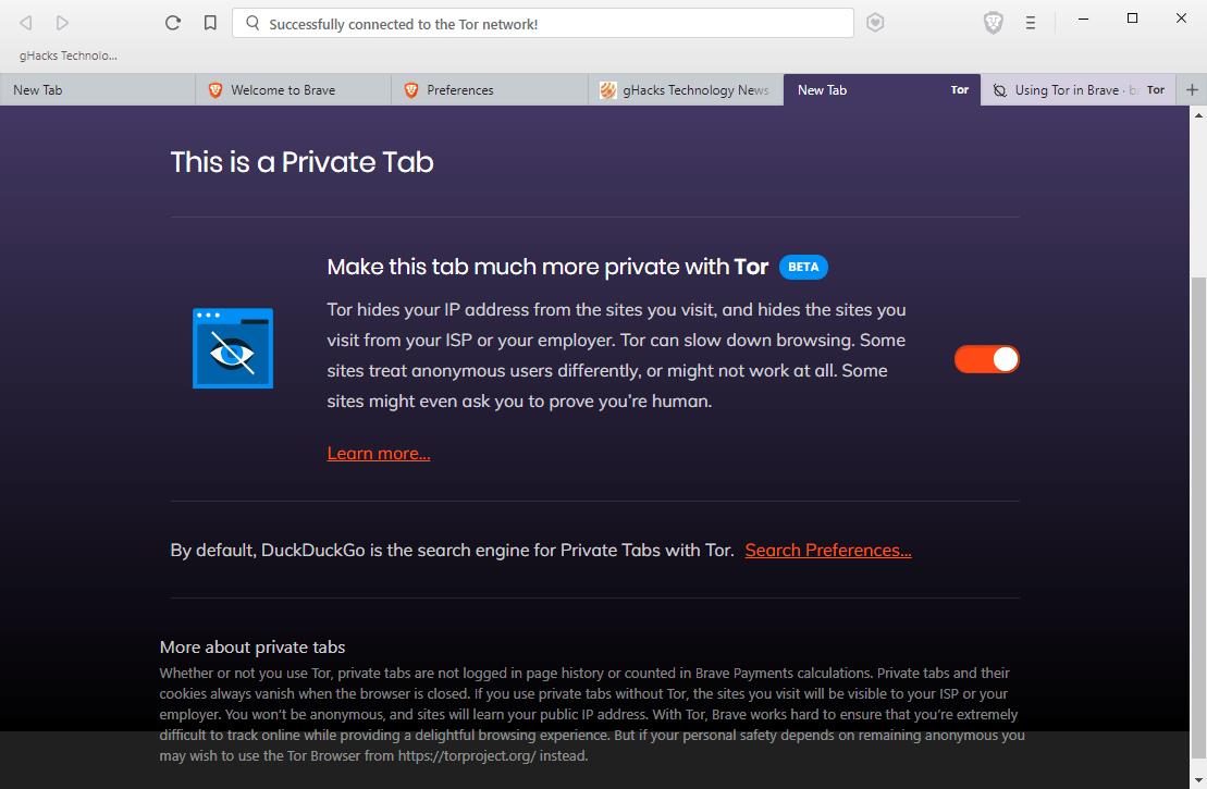 Brave web browser implements Tor in private browsing mode