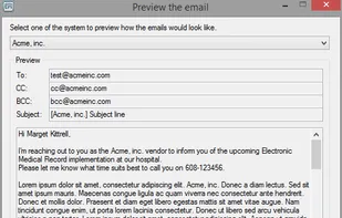The preview screen shows you how the [[tags]] in the templates are replaced with values from the spreadsheet.