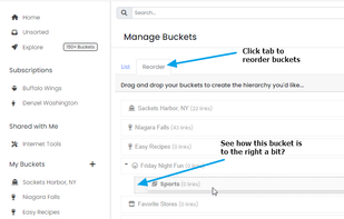 Reordering nested buckets.  On desktop computer you may move by pointing and clicking.
