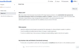 AI-powered chat interface that allows users to ask questions and retrieve information from their documents with source references.
