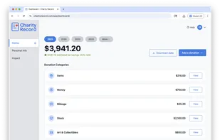 Charity Record dashboard showing donation totals and categories